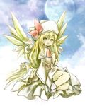  :d bad_id bad_pixiv_id blonde_hair blue_sky full_moon hat lily_white long_hair moon multiple_wings open_mouth ribbon shiki_shaku sitting sky smile solo touhou wings yellow_eyes 