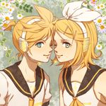  1girl bad_id bad_pixiv_id blonde_hair blue_eyes bow brother_and_sister flower hair_bow hair_ornament hairclip headset kagamine_len kagamine_rin one_eye_closed short_hair siblings smile tim_(tim411) twins vocaloid 