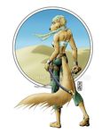  bracelet brown_nose clothed clothing desert ear_piercing earring female jewelry knife looking_back looking_over_shoulder mammal mongoose mongoose_ink piercing solo standing sword tail weapon 