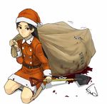  bad_id bad_pixiv_id bangs black_hair blood blood_on_face blood_stain boots full_body glasses hasunemachi hat in_container in_sack itoshiki_nozomu kitsu_chiri kneeling long_hair parted_bangs sack santa_costume santa_hat sayonara_zetsubou_sensei shovel simple_background smile solo struggling 