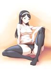  black_hair black_legwear black_panties blue_eyes blush cameltoe feet hairband highres kumashiro_maya long_hair panties seikimatsu_occult_gakuin shirt sitting solo spread_legs taut_clothes taut_shirt thighhighs underwear upskirt yusa1019 