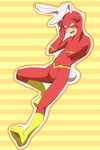  1boy animal_ears blush bunny_ears bunny_tail dc_comics flash_(series) male male_focus mask new_year open_mouth solo striped striped_background tail the_flash wally_west 