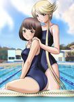  ass bad_id bad_pixiv_id blonde_hair blue_eyes blush brown_eyes brown_hair competition_school_swimsuit day drain_(object) hand_on_shoulder kasuga_(sengoku_basara) lane_line looking_at_viewer multiple_girls one-piece_swimsuit outdoors photo_background pool poolside school_swimsuit sengoku_basara sessou short_hair sitting smile swimsuit tsuruhime v_arms 