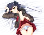  aikawa_kizuna bad_id bad_pixiv_id bed bed_sheet black_hair blush bulge crossdressing hair_ribbon hand_on_own_head little_penis lying male_focus minakami_kurena open_clothes open_mouth open_shirt otoko_no_ko panties penis prunus_girl ribbon school_uniform shirt short_hair skirt skirt_lift smile solo thigh_gap underwear undressing yellow_eyes 