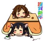  2girls :3 =_= animal_ears black_hair blush_stickers brown_hair cat_ears chibi closed_eyes food fruit hirasawa_yui k-on! kotatsu long_hair mandarin_orange multiple_girls nakano_azusa natu_(natu-tobira) saliva short_hair sleeping snow_bunny table twintails 