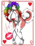  &hearts; black_nose breasts canine card countershading dog female hair hearts heartz heartz_(character) huge_breasts husky kissing lips long_hair looking_at_viewer pink queen_of_hearts rainbow rainbow_hair smile solo tail white 