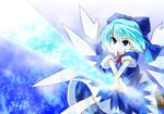  blue blue_background blue_eyes blue_hair bow cirno crystal_sword hair_bow highres ice solo sunrise_stance sword touhou weapon wings x_arms yuuhi_alpha 