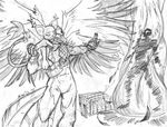  2008 blackandwhite burn burnedfeathers cage collar counterattack digimon feathers female fire gatomon male misterd multiplewings phoenix seraphimon series sketch 