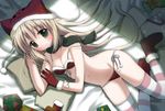  animal_hat arm_support bikini blonde_hair blush boots breasts candy candy_cane christmas cleavage food front-tie_top gift gloves green_eyes green_scarf hat kuromaru long_hair lying navel original red_gloves santa_costume scarf side-tie_bikini small_breasts smile solo strap_slip string_bikini striped striped_legwear swimsuit tail thighhighs 