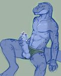  abs anthro balls biceps blue_body blue_penis claws cum cumshot dinosaur erection green_eyes male masturbation muscles nude orgasm penis pose scalie solo spreading tail theropod tojo_the_thief tyrannosaurus_rex uncut underwear 