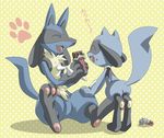  butt chocolate cute eyes_closed fang inumania lucario messy open_mouth pawpads pok&eacute;mon riolu sitting 