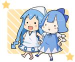  :d bad_id bad_pixiv_id barefoot blush bow chibi cirno dress hair_bow hat hikimaru ikamusume locked_arms multiple_girls open_mouth shinryaku!_ikamusume smile star tentacle_hair touhou wings 