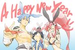  2011 2boys adafada animal_ears bad_id bad_pixiv_id bikini_top black_hair blue_hair boota bunny_ears kamina kamina_shades multiple_boys new_year red_eyes red_hair sarashi shirtless simon tattoo tengen_toppa_gurren_lagann yoko_littner 