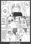  animal_bride anthro black_and_white blush canine collar comic dog dog_food female hair hug human male monochrome sweatdrop tail translated unknown_artist 