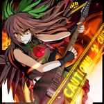  alternate_costume bow brown_hair caution commentary_request electric_guitar fingerless_gloves fuoco gloves green_bow guitar hair_bow ibanez instrument long_hair radiation_symbol red_eyes reiuji_utsuho smile solo third_eye touhou 