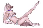  breasts brown brown_fur canine claws female fur hyena korrok lingerie mammal nipples panties plain_background relaxing shelf_bra solo underwear white_background 