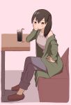  1girl alternate_costume breasts brown_eyes brown_footwear brown_hair commentary cup drinking_straw full_body green_cardigan hair_over_shoulder hand_on_hip hand_on_own_cheek highres indoors jitome kaga_(kantai_collection) kantai_collection large_breasts legs_crossed long_hair looking_at_viewer off-shoulder_cardigan oishii_ryokutya pants shirt shoes side_ponytail sitting sleeveless sleeveless_shirt solo 
