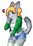  &hearts; babynekomi blonde_hair chinchilla coy cute female hair jacket mammal plain_background rodent shy solo sporty strawberryneko white_background 