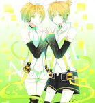  1girl bad_id bad_pixiv_id blonde_hair brother_and_sister hair_ornament hair_ribbon hairclip headphones headset highres kagamine_len kagamine_len_(append) kagamine_rin kagamine_rin_(append) mono_(recall) ribbon siblings thighhighs twins vocaloid vocaloid_append 