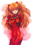  bangs blue_eyes bodysuit boyaking breasts cowboy_shot eyebrows_visible_through_hair floral_background flower from_side gradient grin hair_between_eyes hands_clasped hands_up headgear interlocked_fingers legs_together long_hair looking_at_viewer neon_genesis_evangelion number orange_hair own_hands_together pilot_suit plugsuit red_bodysuit ringed_eyes rose shiny shiny_clothes skin_tight small_breasts smile solo souryuu_asuka_langley standing turtleneck two_side_up white_background 