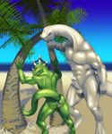  anthro anus back_turned balls brelo cum cum_in_ass cum_inside dinosaur duo erection from_behind gaping gaping_anus gay looking_back looking_over_shoulder male muscles nude penis scalie size_difference 