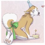  &hearts; blue_eyes bow butt cake candle canine dog hindpaw keihound kneeling male party_hat ribbons solo tail tongue tongue_out 