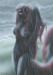  2010 amber_eyes black breasts clouds day female field hair hair_over_eye house long_hair looking_up nipples nude open_mouth outside rain ratte red red_hair skunk solo standing tail teeth tongue wet yellow_eyes 