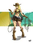  2010 apple applejack_(mlp) belt blonde_hair boots cowgirl female freckles green_eyes hair humanized i-z! lasso not_furry skirt solo spurs trees 