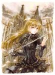  armor black_dress blonde_hair building church cloud dress frilled_dress frills highres keiko_(mitakarawa) long_hair long_sleeves original sky smile solo sword traditional_media weapon yellow_eyes 