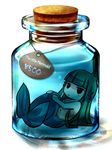  bad_id bad_pixiv_id bangs blunt_bangs blush_stickers bottle chibi cork green_hair head_fins hioki_akane in_bottle in_container jar jitome knees_on_chest long_hair looking_at_viewer mermaid monster_girl nude price_tag pun reclining simple_background solo the_little_mermaid the_little_mermaid_(andersen) water white_background x_navel 