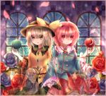  blue_flower blue_rose flower highres holding_hands komeiji_koishi komeiji_satori maho_moco multiple_girls petals red_flower red_rose rose siblings sisters third_eye touhou 