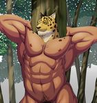  abs armpits biceps big_muscles deity fangs feline fur guin guin_saga human hybrid jaguar looking_at_viewer male mammal mask muscles nipples nude pecs pubes royalty solo tree unknown_artist whiskers wood yellow_eyes 