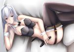  black_legwear bow bowtie breasts cleavage freia_kagami long_hair lying medium_breasts midriff nannacy7 on_back silver_hair solo tail thighhighs wrestle_angels wrestle_angels_survivor wrist_cuffs 