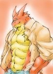  dragon fangs grin kokuhane looking_at_viewer male muscles scalie solo standing tattoo 