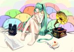  apple_inc. aqua_eyes aqua_hair aqua_nails barefoot cake clannad computer cup dango_daikazoku dopollsogno food hatsune_miku headphones highres laptop long_hair macintosh mug nail_polish phonograph solo twintails very_long_hair vocaloid 