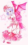  :d bad_id bad_pixiv_id bow dress frills from_side full_body hat highres looking_at_viewer looking_to_the_side marica mary_janes nail_polish open_mouth pink_background pink_bow pink_footwear pink_ribbon pink_wings purple_hair purple_nails red_eyes remilia_scarlet ribbon shoes short_sleeves sleeve_cuffs smile solo star touhou wings 