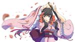  animal_ears bad_id bad_pixiv_id black_hair bow dagger fox_ears hair_bow hair_ribbon hands japanese_clothes kimono kopperi long_hair obi otome_youkai_zakuro petals purple_eyes ribbon sash solo twintails upper_body weapon wide_sleeves zakuro_(otome_youkai_zakuro) 