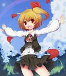  ahoge ascot bad_id bad_pixiv_id blonde_hair bow cross fang hair_bow jewelry outstretched_arms pendant red_eyes rumia side_ponytail skirt solo spread_arms sumisu_(mondo) touhou 