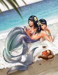  black_hair breasts female fish_tail hair mermaid no_feet not_furry seaside starfish tail unknown_artist water wenjuinn 