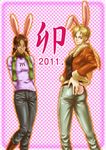  2girls animal_ears arms_behind arms_behind_back ass blonde_hair blue_eyes braid brown_eyes brown_hair bunny_ears bunny_tail dark_skin female glasses jacket jewelry jill_valentine long_hair looking_back multiple_girls necklace pants ponytail resident_evil resident_evil_5 sheva_alomar tachibana_subaru tail twin_braids 