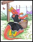  bethany_sellers breasts butterfly clothes_line dragon female hanging_up_clothes horns laundry_basket looking_at_viewer panties paws scalie solo tail underwear 