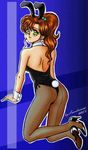  1998 1girl animal_ears artist_request ass back bare_shoulders bishoujo_senshi_sailor_moon blush brown_hair bunny_ears bunny_girl bunny_tail bunnysuit collar cuffs detached_collar female fishnet_pantyhose fishnets from_behind green_eyes hair_bobbles hair_ornament high_heels kino_makoto lipstick long_hair looking_back makeup pantyhose ponytail sailor_jupiter shoes smile solo tail wrist_cuffs 