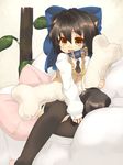  animal_ears azuki_akizuki black_legwear blush borrowed_character bow collar dog_ears hair_bow kannagi_cocoa original solo tail tears thighhighs 