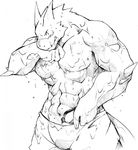  blush claws dragon eyes_closed grin kokuhane male muscles razul scalie solo standing tattoo wet 