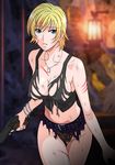  aya_brea bangle black_panties blonde_hair blue_eyes bracelet breasts covered_nipples gun handgun injury jewelry large_breasts midriff navel necklace panties parasite_eve parasite_eve_the_3rd_birthday rudoni scratches short_hair solo torn_clothes underwear weapon 