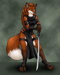  canine clemikou countershading ear_piercing female fox green_eyes hair katana long_hair looking_at_viewer ninja piercing smile solo standing warrior weapon 