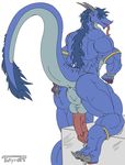  anthro anus balls blue blue_body blue_hair butt dragon hair looking_at_viewer male muscles nude penis pose raised_tail solo tail 