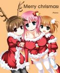  antlers bell black_legwear blue_eyes blush breasts brown_hair christmas fang green_eyes hair_ornament hairband haramura_nodoka jingle_bell kataoka_yuuki large_breasts miyanaga_saki multiple_girls open_mouth pantyhose piaroo pink_hair red_eyes saki short_hair thighhighs white_legwear 