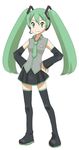  bad_id bad_pixiv_id detached_sleeves green_eyes green_hair hands_on_hips hatsune_miku headset iseri long_hair lowres necktie parody pokemon skirt solo style_parody thighhighs twintails vocaloid 