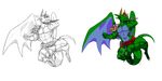  buff draggy dragon dragoncima13 eyewear fight glasses green green_body horn horns knife kunai muscles ninja nude tail tattoo unknown_artist weapon wings 